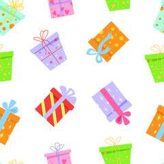 Vector gift boxes, presents seamless pattern on a white background.