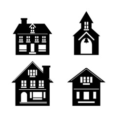 Black silhouettes of houses, cottages and church. Vector illustration