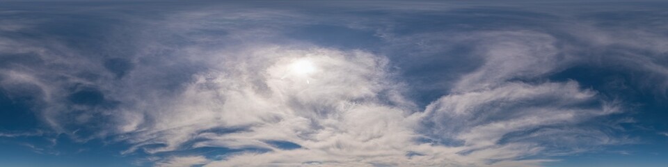 Obraz premium Blue sky panorama with Cirrus clouds. Seamless hdr 360 degree pano in spherical equirectangular format. Complete zenith for 3D visualization, game and sky replacement for aerial drone 360 panoramas.