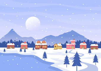 Winter Landscape With House Background, Panorama Snowfall, Town, Trees Or Mountain Silhouette. Christmas and Happy New Year Vector Illustration