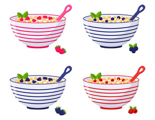 A set of bowls of cereal, corn flakes with berries, raspberries, blueberries, cranberries, blackberries. Healthy breakfast, oatmeal porridge. Flat cartoon style, isolated on a white background.