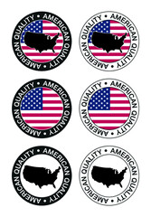 Set of labels, stamps, badges, with the American map and flag. American quality.