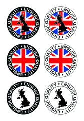 Obraz premium Set of labels, stamps, badges, with the English map and flag. English quality.