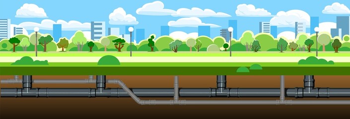 Pipeline for various purposes. Underground part of system. Against backdrop of big city. Illustration vector - obrazy, fototapety, plakaty