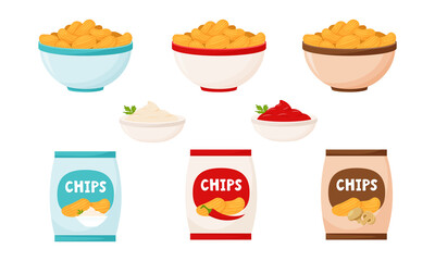 A set with chips in a package and in a bowl. Chips with sour cream, mushrooms and chili pepper. Fast food. Fatty, high-calorie food. Flat cartoon style, isolated on a white background.