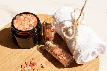 close up of pink salt for spa procedures. Natural skin and body care. Spa ingredient, wellness