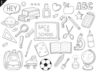 Set of doodle outline icons back to school. School items, supplies, stationery, Hand-drawn black and white vector illustration. Design elements are isolated on a white background