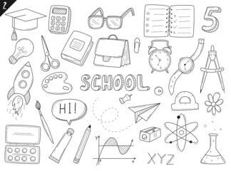 Set of doodle outline icons back to school. School items, supplies, stationery, Hand-drawn black and white vector illustration. Design elements are isolated on a white background