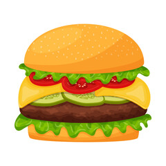 Hamburger with cutlet, lettuce, cheese, tomatoes, cucumbers. Cheeseburger. Fast street food, snack. Fatty, high-calorie food. Flat cartoon style, isolated on white background.Color vector illustration
