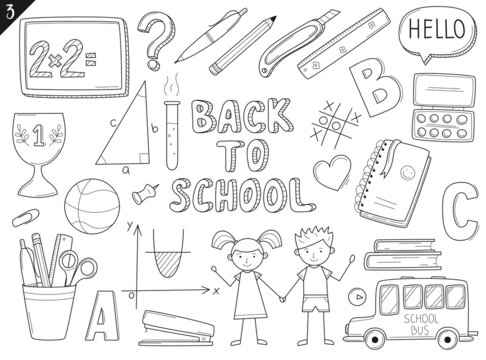 Set of doodle outline icons back to school. School items, supplies, stationery, Hand-drawn black and white vector illustration. Design elements are isolated on a white background