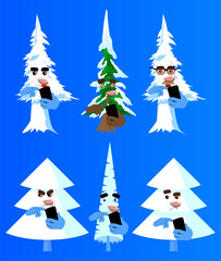 Cartoon winter pine trees with faces using a mobile phone. Cute forest trees. Snow on pine cartoon character, funny holiday vector illustration.