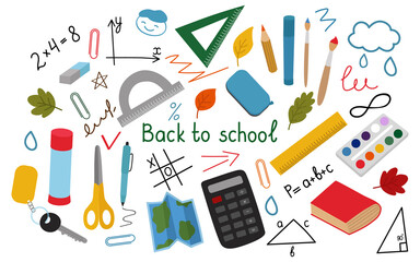 Fototapeta na wymiar Back to school, a collection of hand-drawn clipart. Calculator, accessories, brushes, ruler, scissors, map, handwriting, book. Vector illustration isolated.