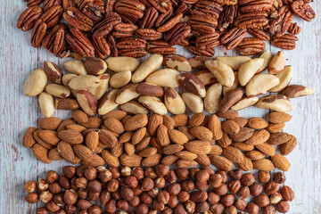 Mixed nuts, healthy fat and protein food, vegan, ketogenic diet, plant-based diet, natural sources of tryptophan for good sleep and relaxation, ketodiet concept