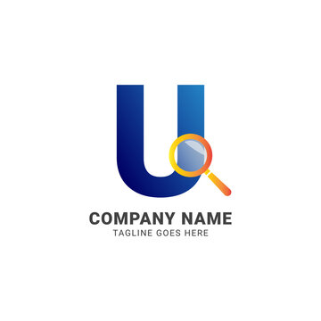 letter U magnifying glass company logo vector design element