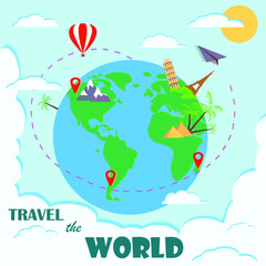 Tourist composition with famous world landmarks. Travel and tourism. Website concept template. Vector.