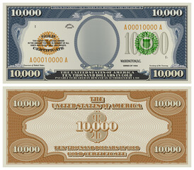 Fictional obverse and reverse of a gold certificate with a face value of 10,000 dollars. US paper money