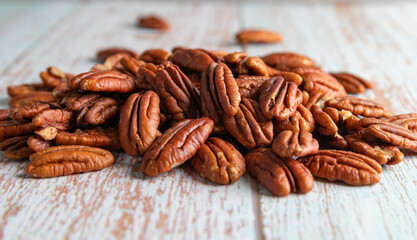 A pile of natural pecan kernels on a wooden table, healthy fat and protein food, vegan, ketogenic nutrition concept, plant-based diet.