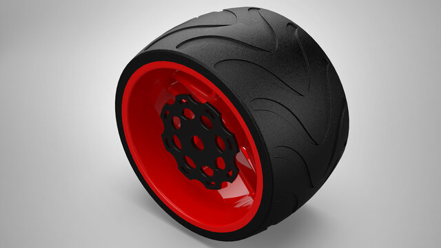 3D Rendering image. SolidWorks. Red Rim. Black Tyre. Rear Bike Wheel