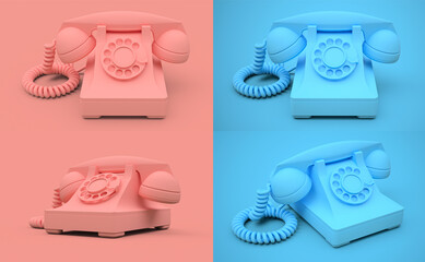 Old pink dial telephone on a pink and blue background. 3d illustration.
