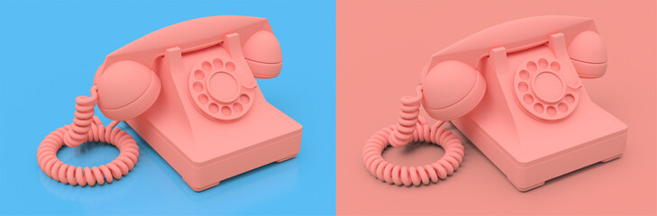 Old pink dial telephone on a pink and blue background. 3d illustration.