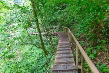 Wooden bridge on a mountain river.