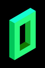 Light green number 0 in isometric style. Isolated on black background. Learning numbers, serial number, price, place.