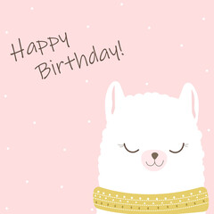 Vector cartoon card. Doodle illustration. Template, background for print, design. Cute poster with funny llama. Happy Birthday.