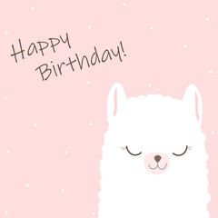 Vector cartoon card. Doodle illustration. Template, background for print, design. Cute poster with funny llama. Happy Birthday.
