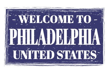 WELCOME TO PHILADELPHIA - UNITED STATES, words written on blue stamp