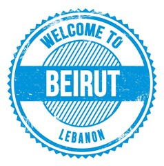 WELCOME TO BEIRUT - LEBANON, words written on blue stamp