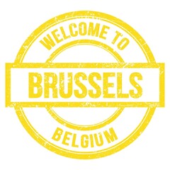 WELCOME TO BRUSSELS - BELGIUM, words written on yellow stamp