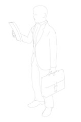 The contour of a man in a jacket reads a document, a suitcase in his hand isolated on a white background. Vector illustration