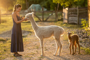 Woman feeding alpacas at farm - sunset lights