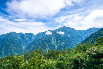 Obraz premium 富山県中新川郡上市町の中山から立山の剱岳を望む登山をしている風景 A view of mountain climbing with a view of Tsurugidake in Tateyama from Nakayama in Kamiichi Town, Nakashinagawa County, Toyama Prefecture.