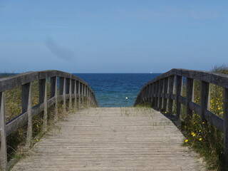 Obraz premium Holzbrücke auf dem Weg zum Meer mit blauem Himmel