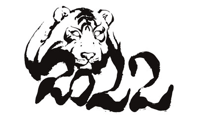 2022の文字と虎のイラストが融合したかっこいい筆文字	
