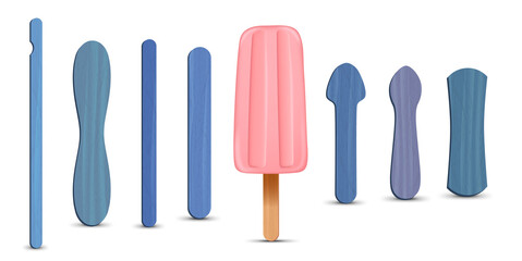 Set of realistic popsicle sticks. Pink strawberry ice cream 3D. Vector illustration, summer season.