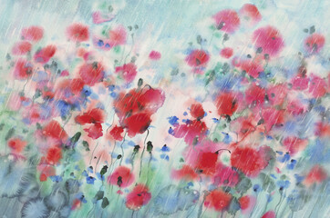 Fototapeta na wymiar Red poppy field in the rain watercolor background