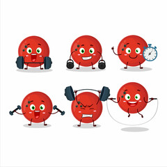 A healthy bowling ball cartoon style trying some tools on Fitness center