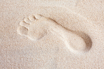Fototapeta na wymiar A single foot print imprinted in the sand on the beach