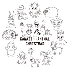 かわいい動物シリーズ　線画　クリスマス　Vol1　ライオン、ヒツジ、コアラ、ロバ、ヤギ、ネズミ、キリン、イヌ、パンダ、ハリネズミ、ウサギ、ウシ