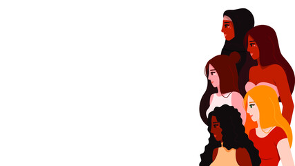 Banner of women of different nationalities and cultures. Vector illustration of sisterhood in hand drawn flat style.