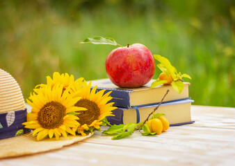 sunflower flowers, straw hat, books, apple and yellow plums on a wooden table in the garden