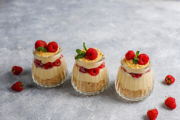 Homemade raspberry trifles on a light background.