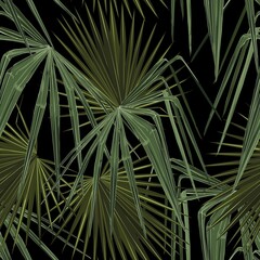 Fashionable seamless tropical pattern with green tropical fan palm leaves on a black background. Beautiful exotic plants. Trendy summer Hawaii print. 