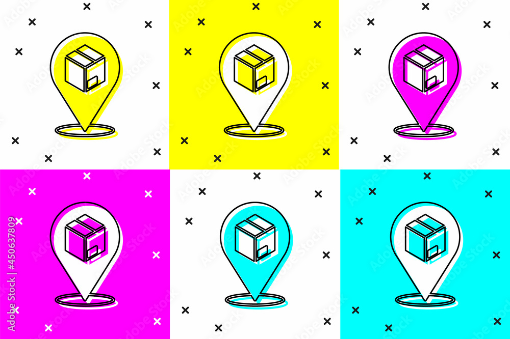 Poster set location with cardboard box icon isolated on color background. delivery services, logistic and t