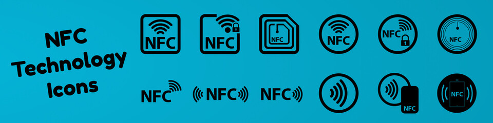 NFC Technology Icon Set - Vector Illustration - Isolated On Blue Gradient Background