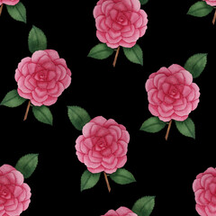 Seamless pattern of pink camellias on a black background
