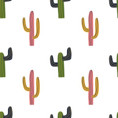 Cactus seamless pattern in cute cartoon style. Cacti in Mexican style. Repeat background, wallpaper texture. Decorative print for fabric. Kid apparel design.