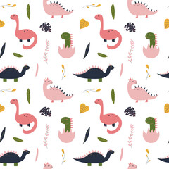 Cute hand drawn seamless pattern with girl pink dinosaur, baby dino in egg. Colorful design for kid fabric, textile, nursery. Childish vector decorative print.